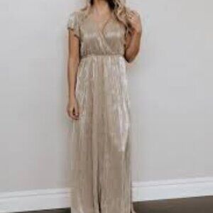 Baltic Born Athena Pleated Maxi Dress Gold NWT SZ Large Tall LT Formal Black Tie